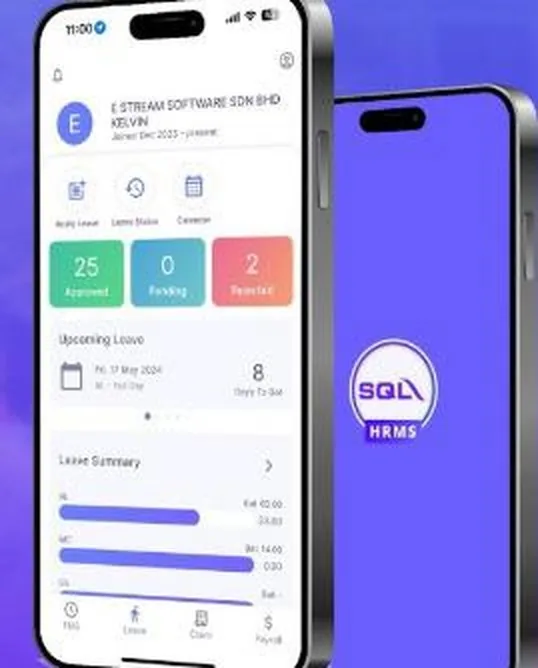 SQL HRMS mobile app showing leave balance, upcoming leave and leave summary